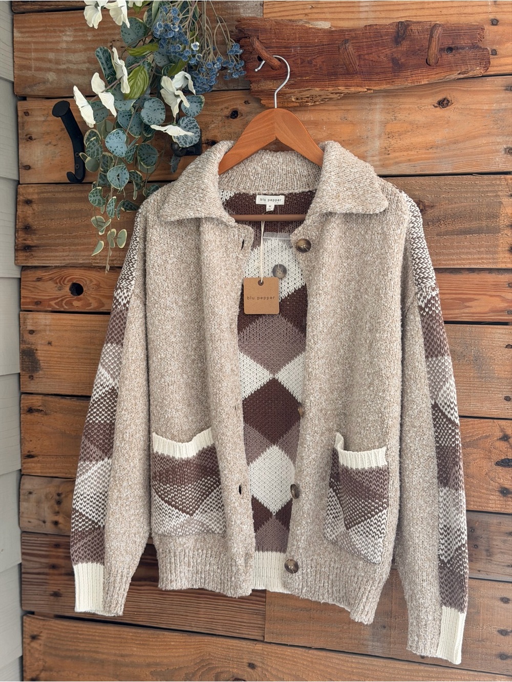 Blu Pepper Neutral Argyle Collared Cardigan in Cream and Brown